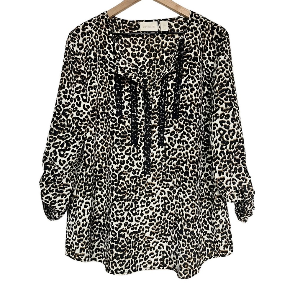 Chicos Womens Animal Print Tunic Top Size 2 (Large) Lace Detail Roll Tab Sleeves